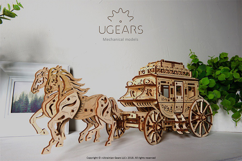 进口乌克兰ugears木质机械传动模型 驿马车Stagecoach