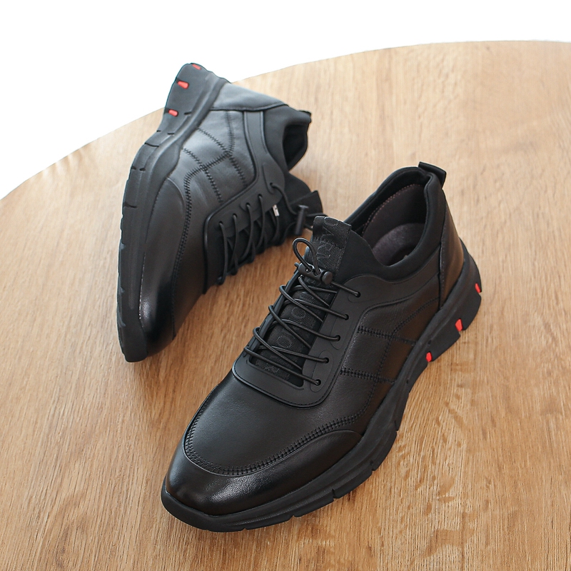 保罗 全牛皮男装真皮运动鞋男头层牛皮纯百搭休闲男鞋 黑色 40【图片