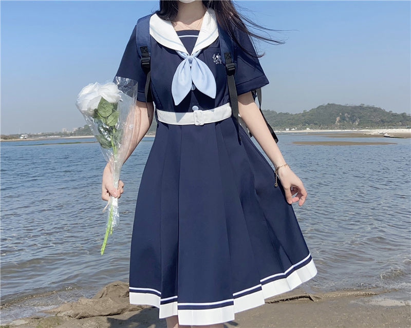 缪斯之娇学院风少女jk新款连衣裙甜美日系水手服收腰绣花百褶a字裙