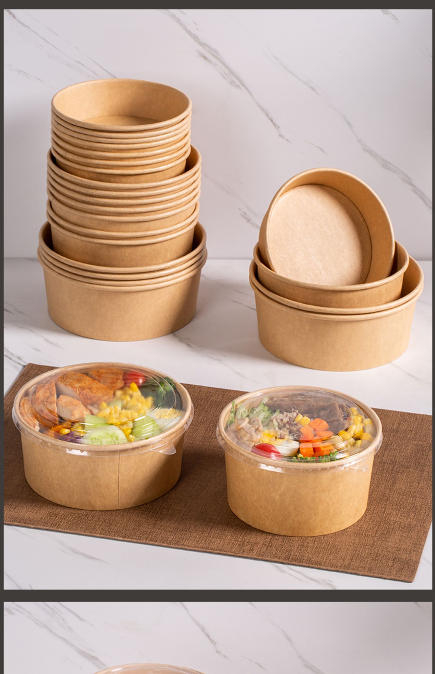 优凡优品 一次性牛皮纸碗圆形水果沙拉碗打包盒加厚餐盒带盖卤肉饭