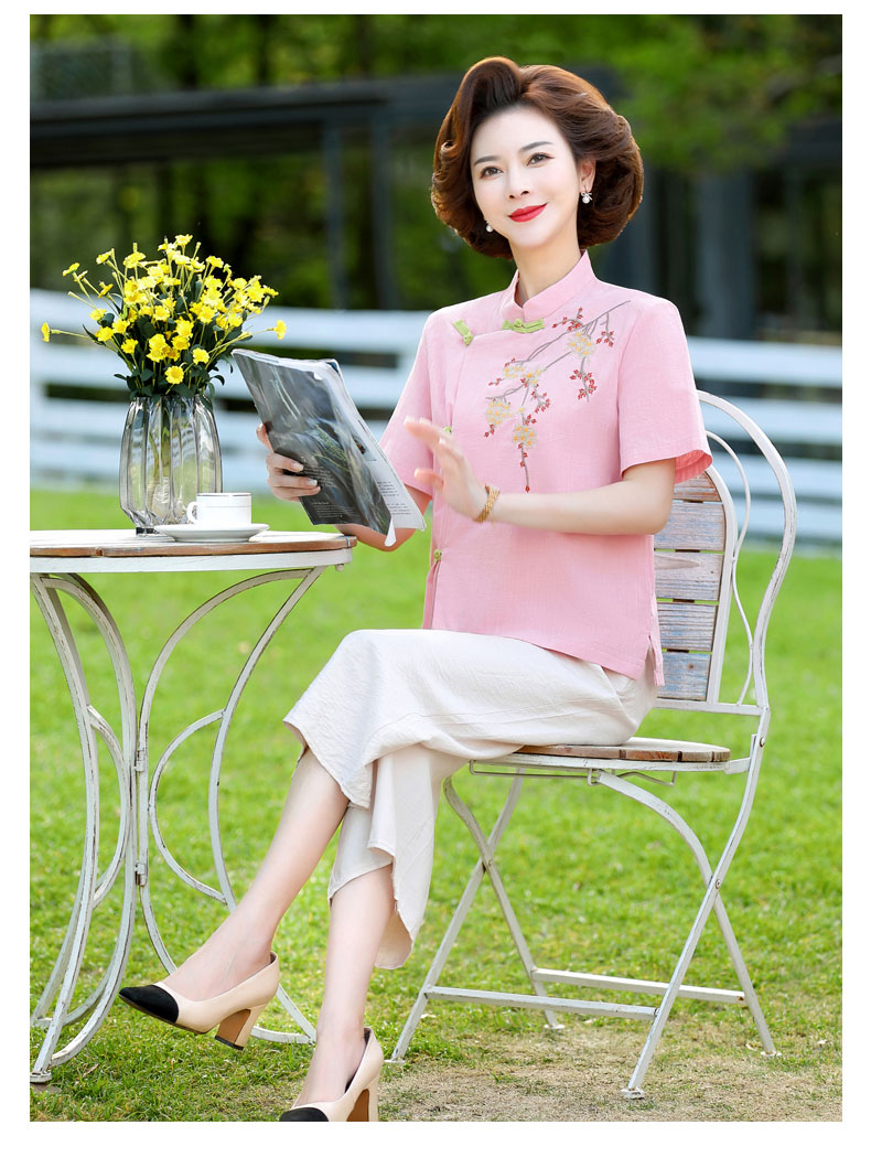 中年妈妈夏季棉麻套装50岁妇女旗袍上衣大码两件一套中老年夏天衣服