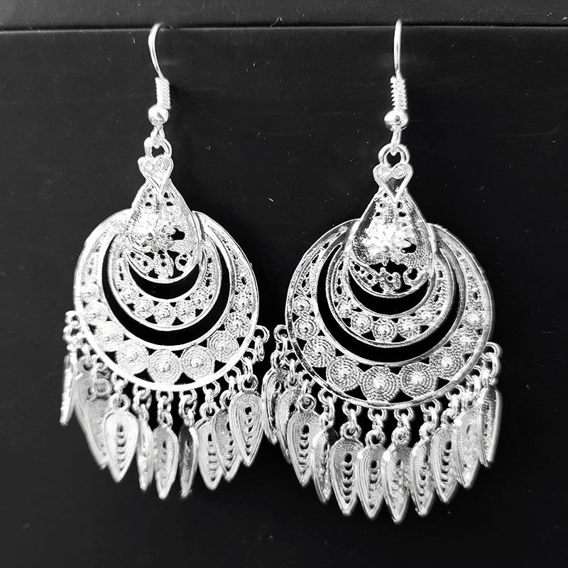 liyan手工民族风长流苏夸张苗族银耳饰少数民族大dd 民族风银精致孔雀