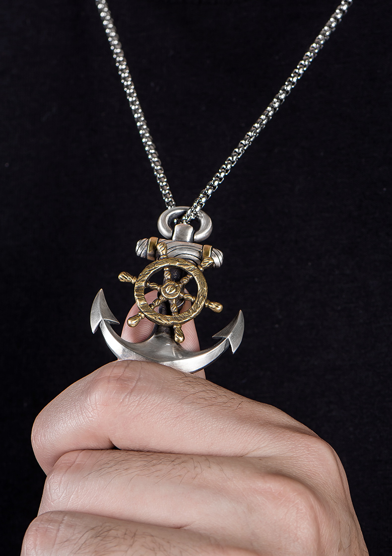 凡丘珠宝s925银项链饰品时尚男士海盗船锚吊坠朋克个性复古潮生日礼物