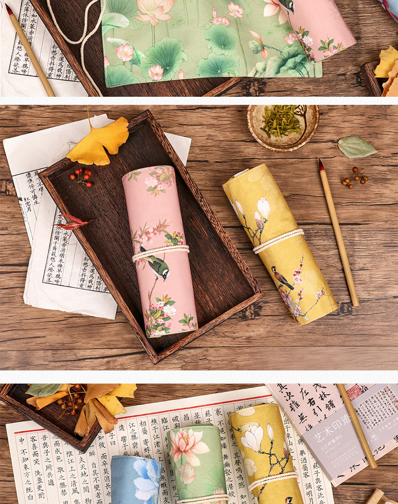 路小雅 古风卷帘笔袋卷式中国风复古简约素描文具笔袋国画花鸟荷花