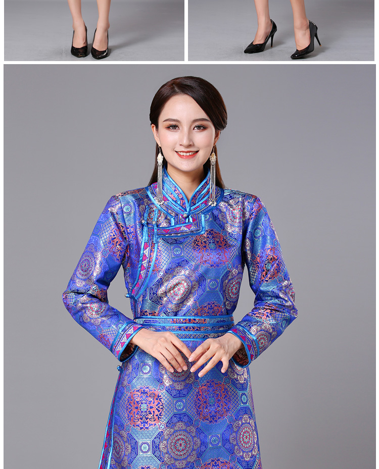 蒙古族服装女装春秋中长传统蒙古袍连衣裙日常生活装民族风舞蹈演出服