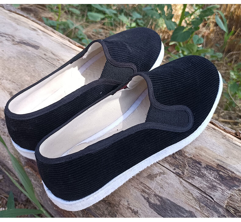 千层底布鞋男纯手工纳底传统白底毛边圆头透气黑色条绒陕西布鞋 黑色