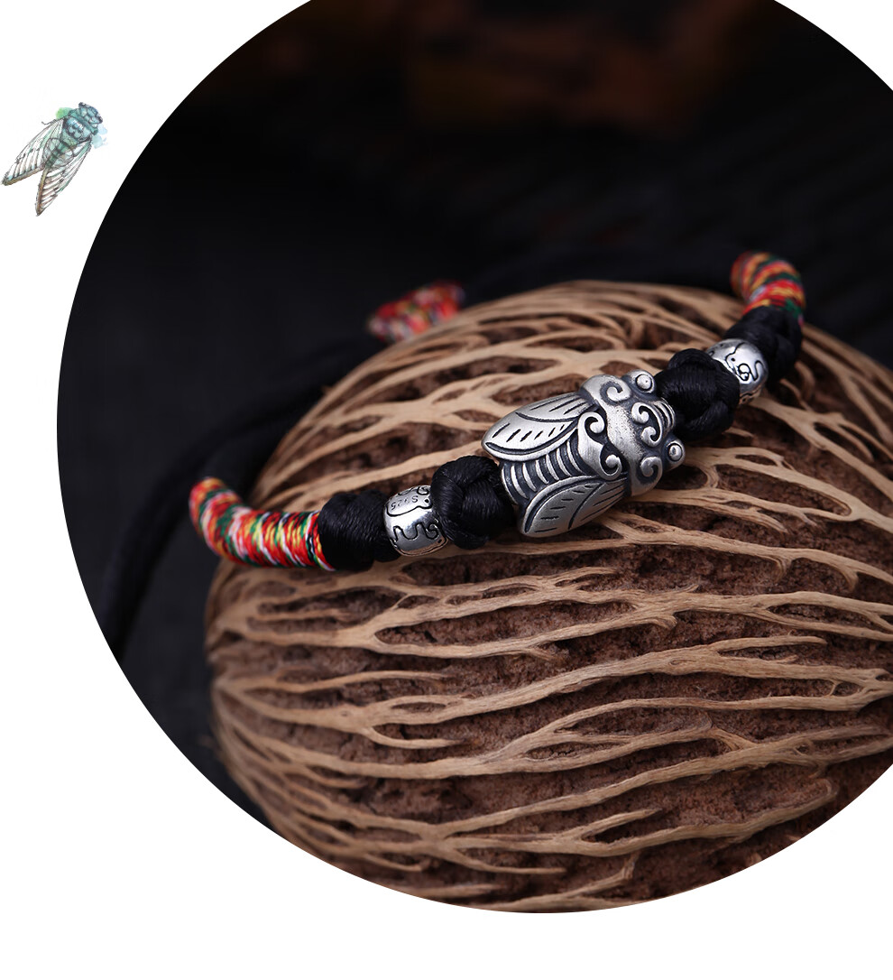 老银匠银手链925银复古民族风手工编织手绳个性时尚做旧蝉银手链节