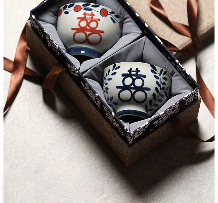 菲斯顿 景德镇【手绘喜碗福碗】创意高温陶瓷饭碗特色结婚伴手礼物