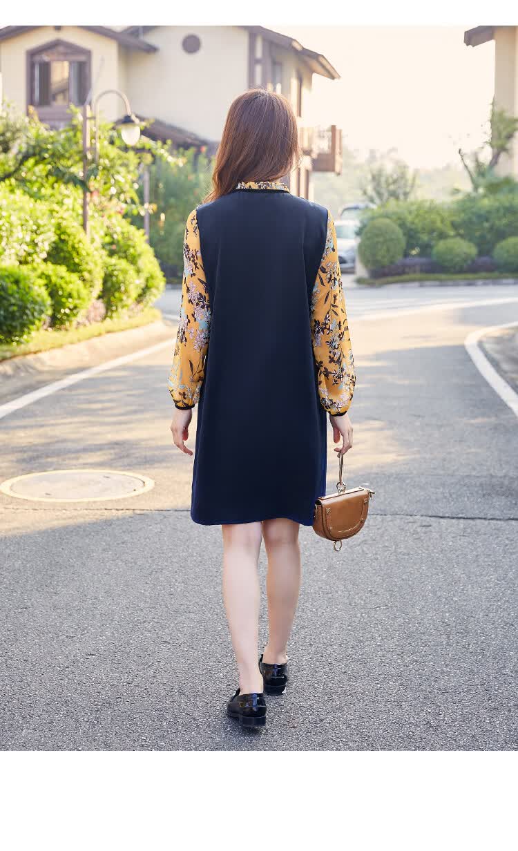 纤麦大码假两件碎花连衣裙女长袖春秋新款胖mm木耳边系带背心裙子