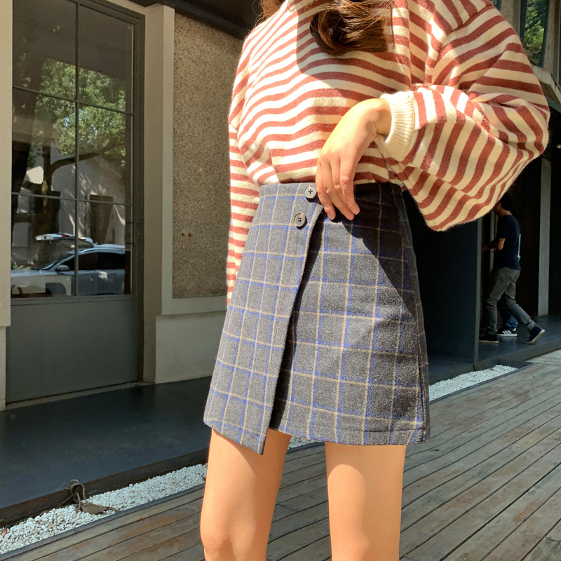 依蔻兰蒂大码女装秋冬格子毛呢半身裙裤胖mm防走光短裤裙 咖啡色后改