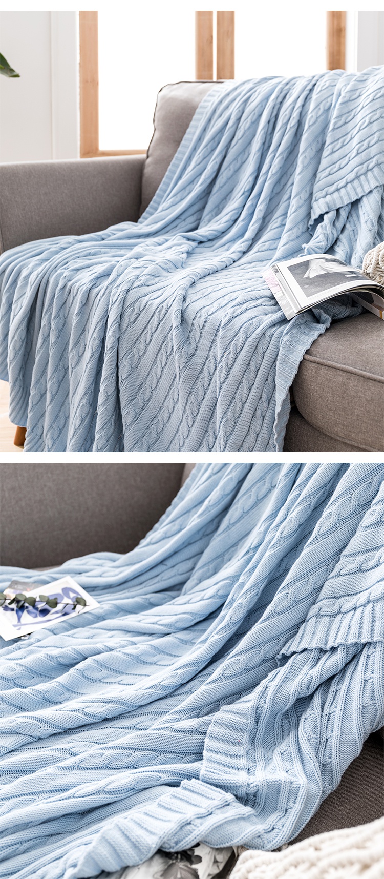 毛毯 毛毯被子办公室沙发小毯子午睡毛巾毯针织休闲盖毯粗毛线编织 灰