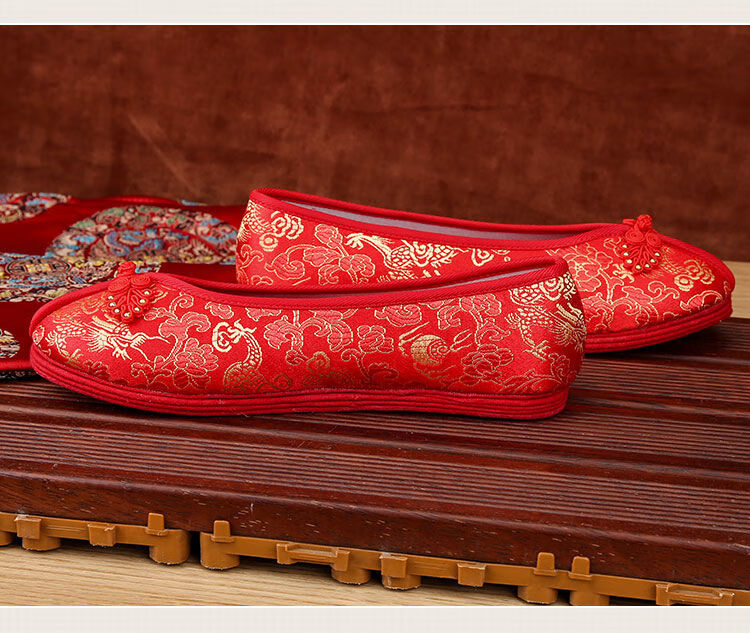 婚礼低跟鞋平底秀禾鞋中式秀禾服绣花鞋中式婚鞋上轿布鞋红色龙凤新娘