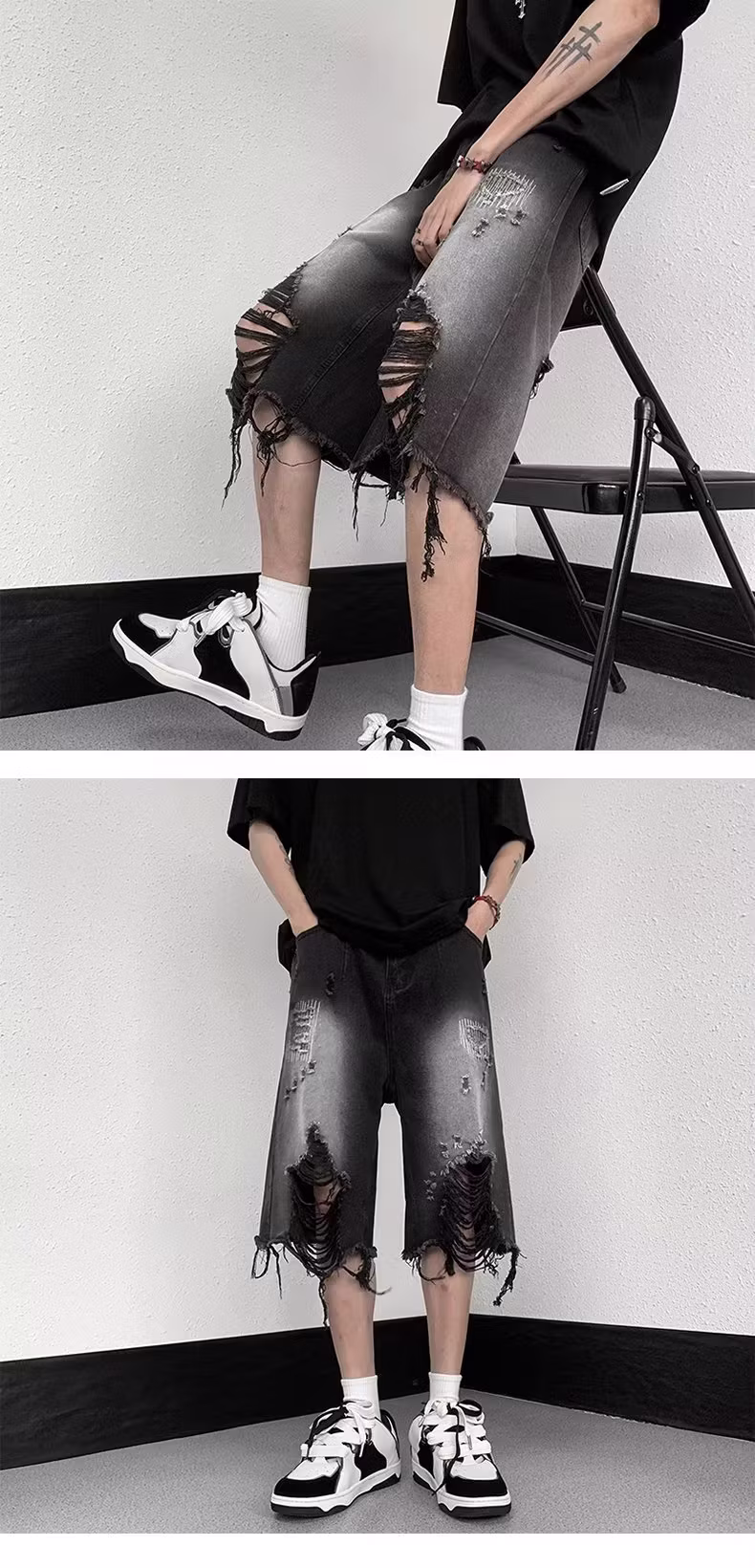 Ripped Beggar Pants Men's Summer Thin Loose Straight Denim Shorts Teen Student Ruffian Handsome Knee Six-point Pants, Black XL_mkmklike.com