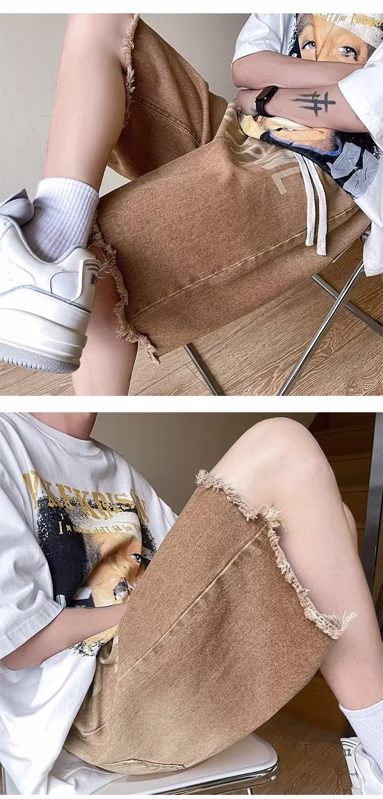 Rough Edge Gradual Change Denim Shorts Men's Summer Loose Straight Wide Leg Five-point Pants American Retro Ruffian Handsome Pants, Brown 2XL_mkmklike.com