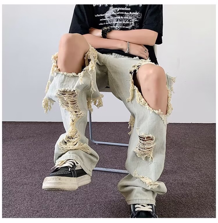 American Retro Ripped Jeans Men's Summer Loose Casual Student Niche Design Sense Beggar Wide-leg Slacks, Black S_viptrois.com
