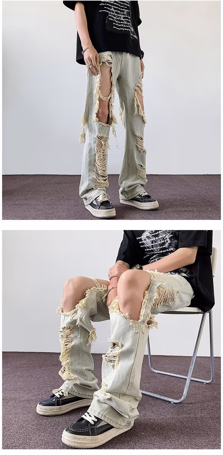 American Retro Ripped Jeans Men's Summer Loose Casual Student Niche Design Sense Beggar Wide-leg Slacks, Black S_viptrois.com