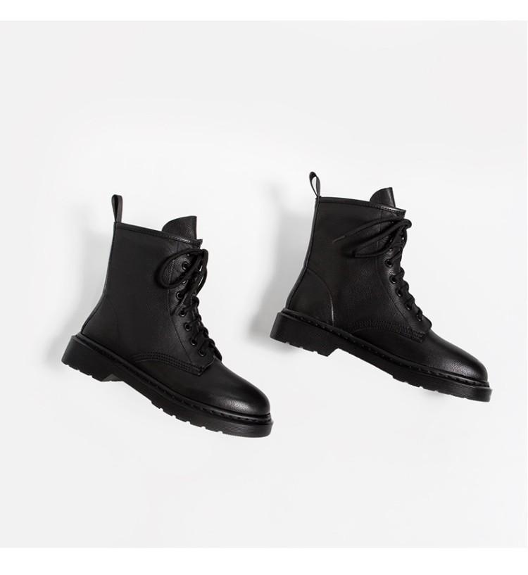 达芙妮女靴秋冬轻奢短靴女加绒黑色3职业正装马丁靴真皮系带短靴厚底