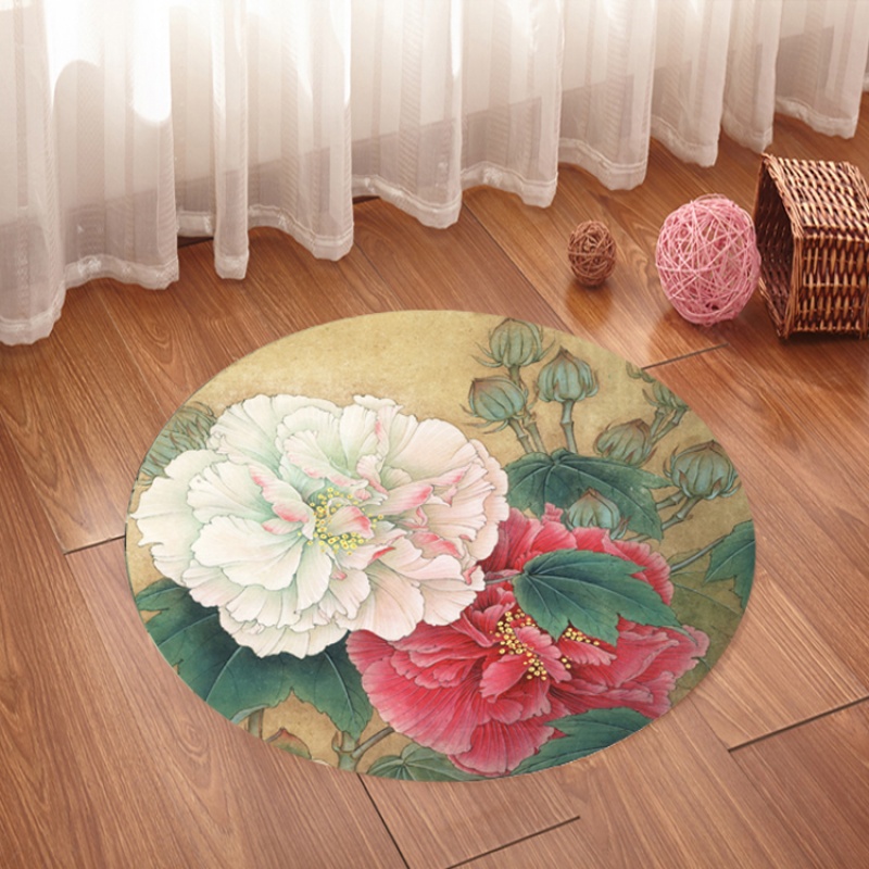 熊诺茗 3d印花圆形地毯荷花莲花中式地水洗茶室红木搭配电脑椅垫跪拜