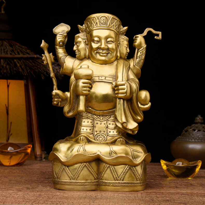 乔梵格 大黑天财神 黄铜三面大黑天财神像摆件密宗八运财神店铺 (精品
