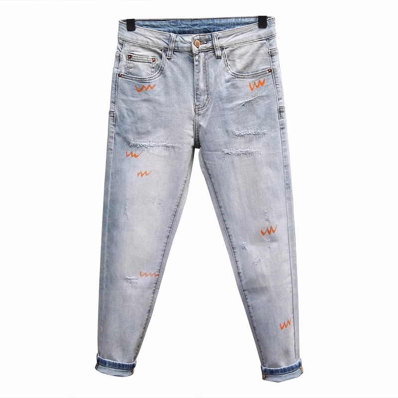 Summer Washed Ripped Jeans Men's Korean Version Of Trend Graffiti Versatile Casual Slim-fit Straight-leg Nine-point Pants, Blue 28_mkmklike.com