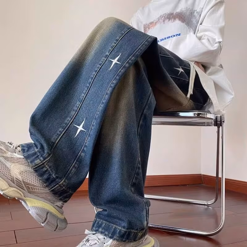 American Retro Star Jeans Men's 2026 Spring New Loose Straight Wide-leg Pants Ruffian Handsome Casual Pants, Blue S_mkmklike.com