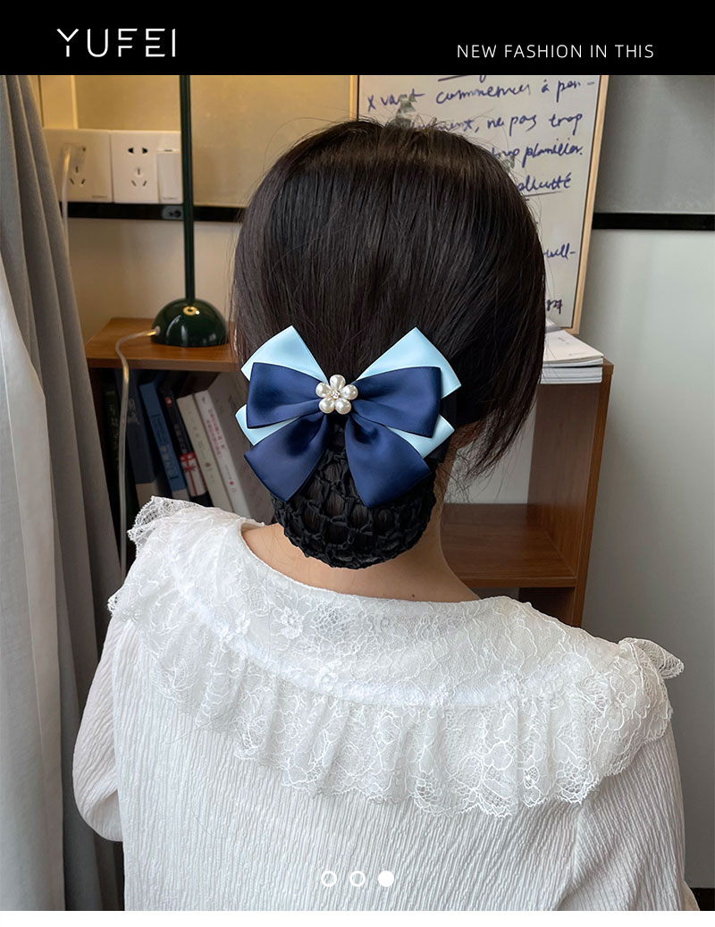 护士头花女职业发网空姐酒店银行工作盘发网兜蓝色系蝴蝶结发饰品