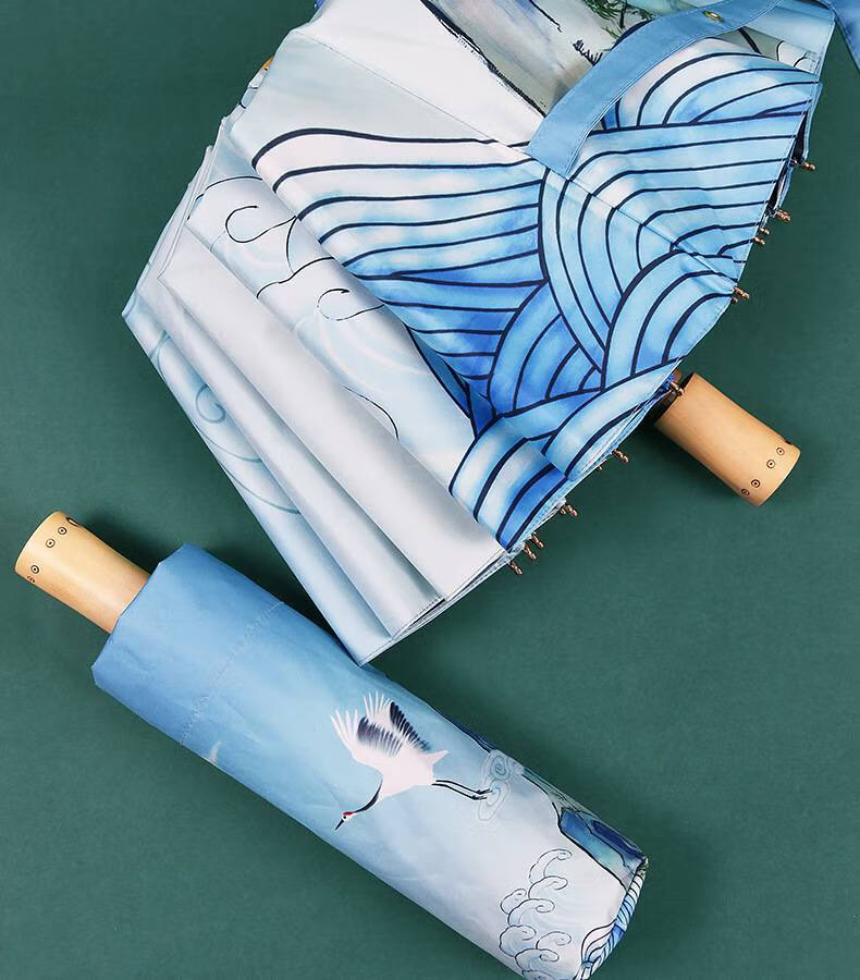 国潮雨伞古风黑胶防晒三折16骨木柄中国风国画复古文创油画晴雨伞