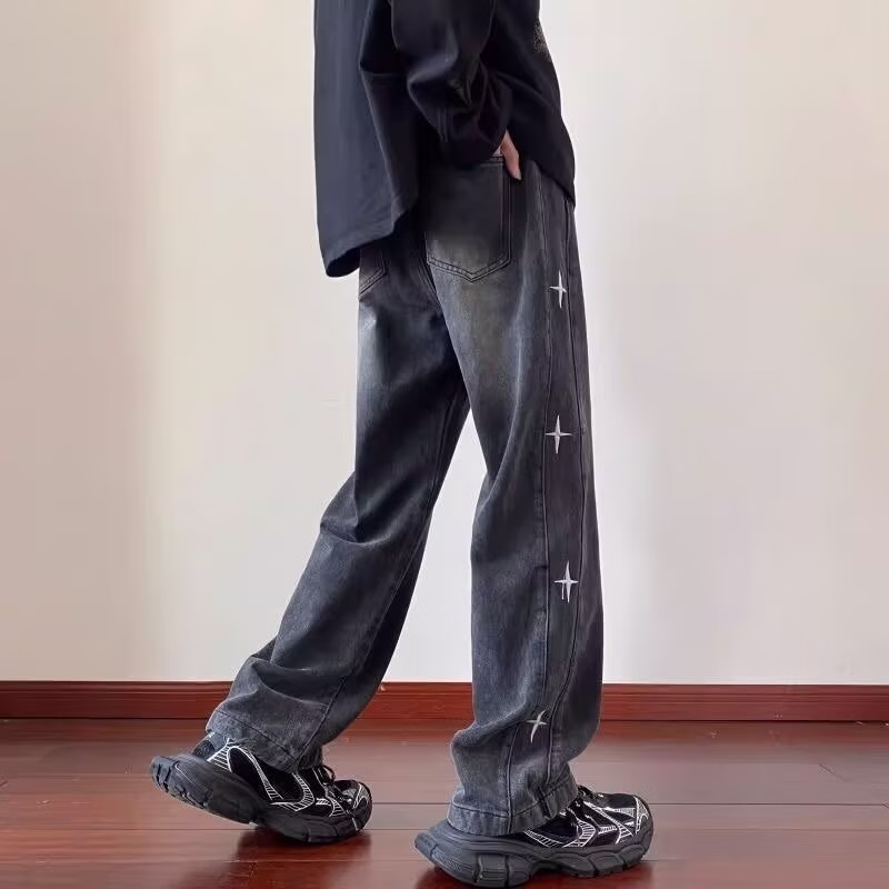 American Retro Star Jeans Men's 2026 Spring New Loose Straight Wide-leg Pants Ruffian Handsome Casual Pants, Blue S_mkmklike.com
