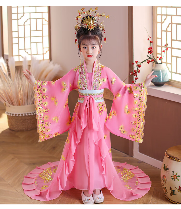 儿童古代皇后衣服古装女汉服皇后服服装童拖尾中国风孩唐朝贵妃娘娘