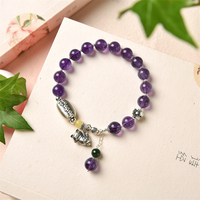 紫水晶手链巴西紫水晶手链手串s925复古银转运紫水晶单圈珠串手串 紫