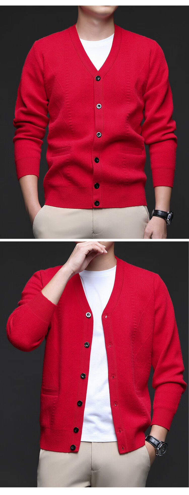 Hengyuanxiang Men's Knitted Cardigan Jacket Autumn Winter Middle-aged Solid Color Long Sleeve V-neck Button Sweater Light Camel L 16