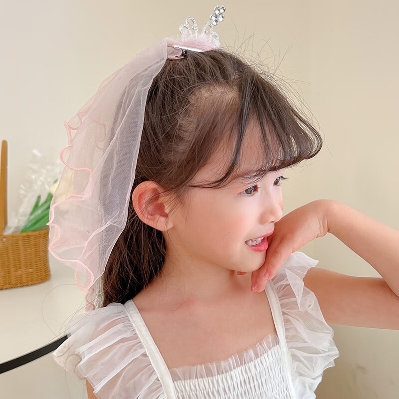 女童戴的皇冠儿童仙头纱公主头饰拍照道具发夹宝宝白色网纱女孩发卡