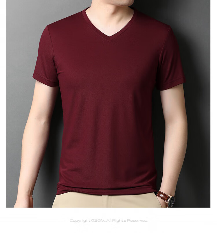 Romons Mulberry Silk Short Sleeve T-Shirt Men Summer V-Neck Solid Color Loose Fit Pure Silk Top Black M 6