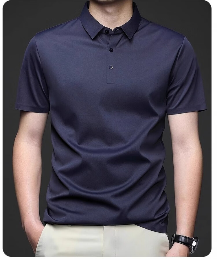Romon Ice Silk Seamless Short Sleeve T-Shirt Men Summer Thin Business Polo Shirt Black XL 17