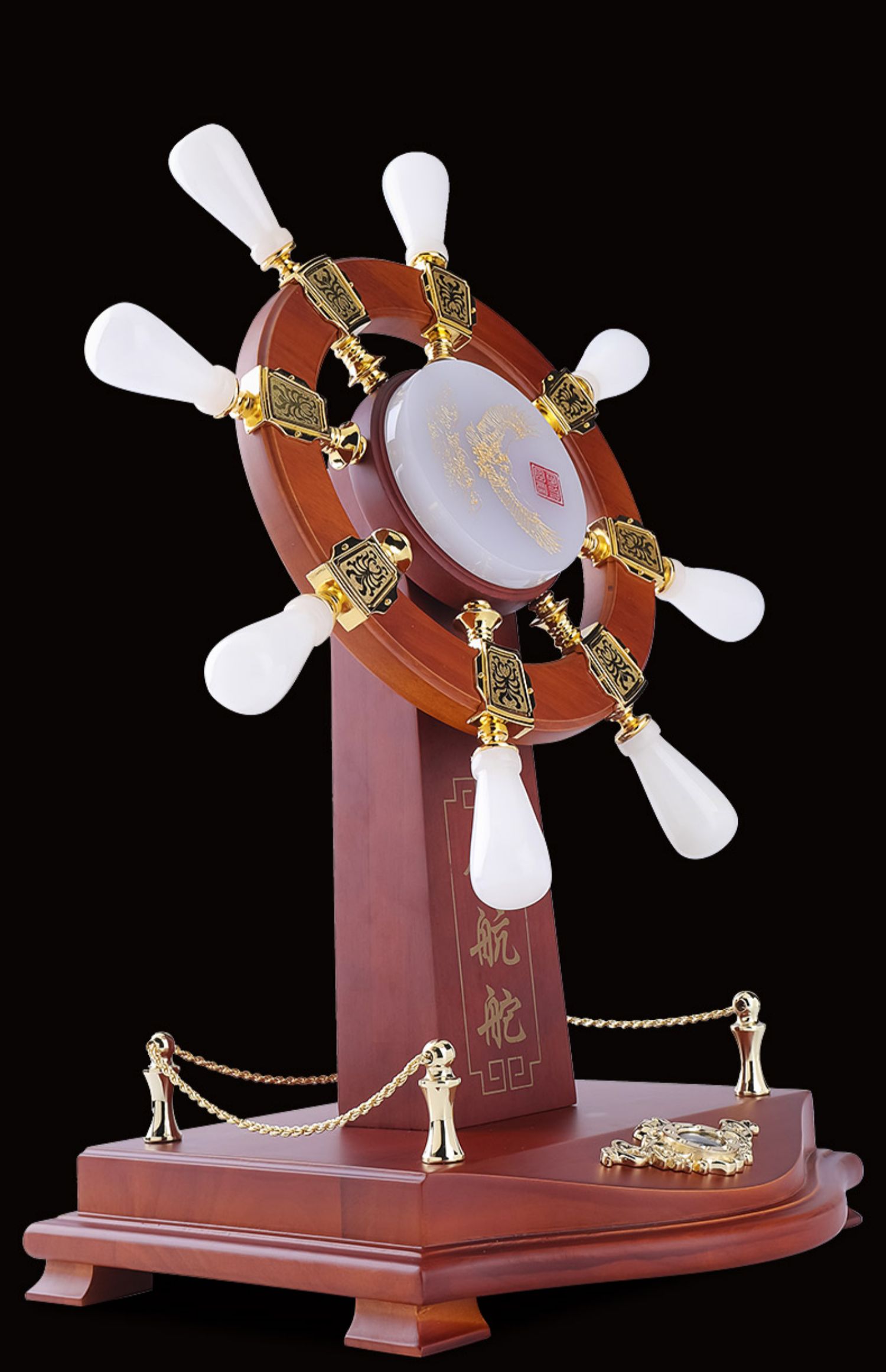 康言领航舵掌舵手轮船舵实木公司企业琉璃装饰品老板办公室桌面摆件