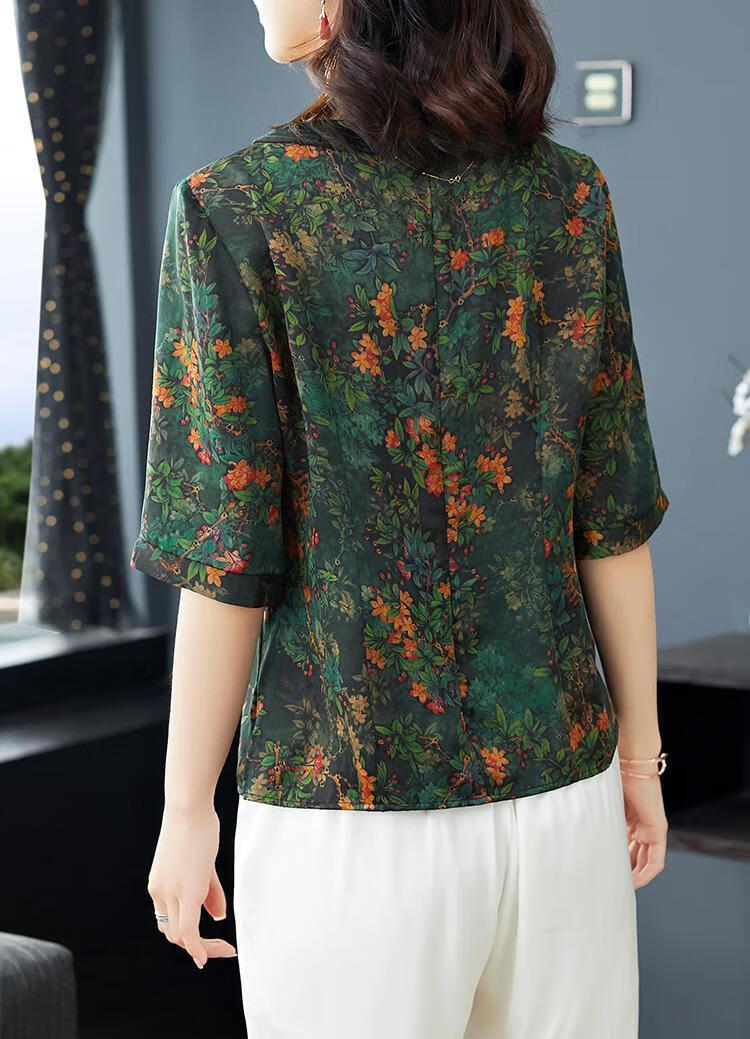 真丝香云纱短款上衣夏桑蚕丝衬衫女中袖宽松绿色小衫宽松 绿花 4xl
