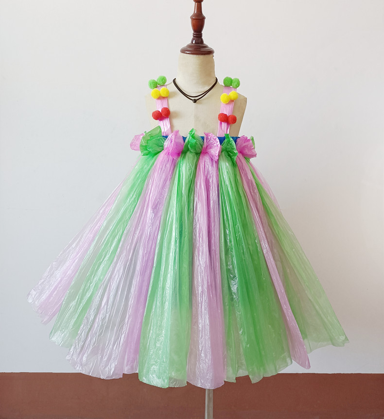 环保时装秀女孩幼儿园儿童走秀创意公主裙演出子手工制作裙 红黄紫肩
