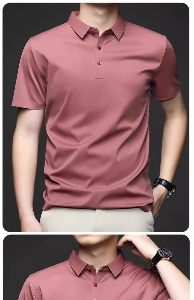 Romon Ice Silk Seamless Short Sleeve T-Shirt Men Summer Thin Business Polo Shirt Black XL 21
