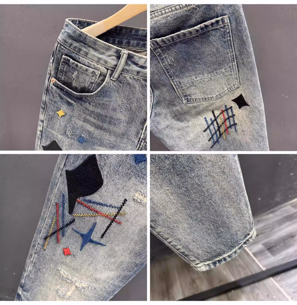 Ripped Jeans Men's Summer Trendy Brand Retro Embroidered Casual Pants Student Ruffian Handsome Straight Slim-fitting Pants, Blue 31_viptrois.com