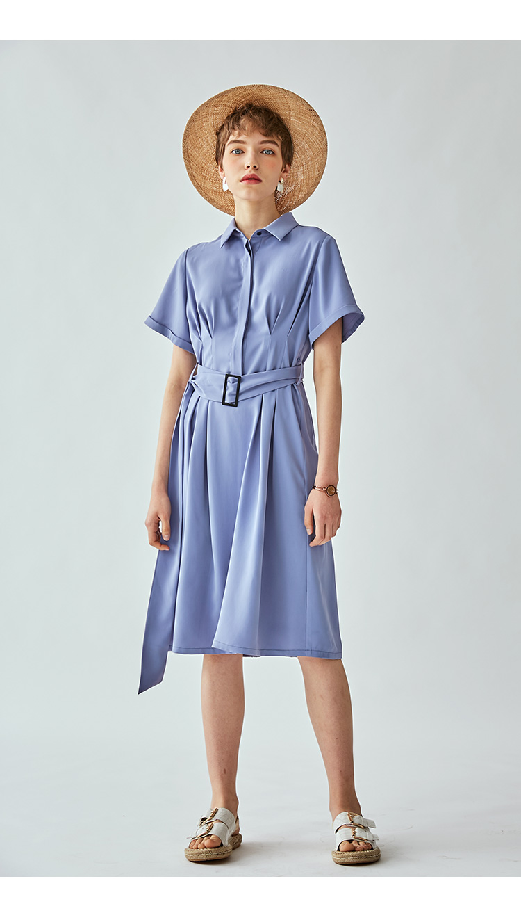 云上生活纯色方领短袖连衣裙女夏中长款大摆裙l3050雾霾蓝紫色m