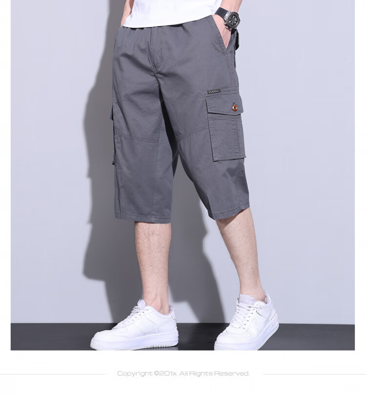 ROMON Shorts, Summer Men's New Casual Workwear Thin Seven-Point Pants, Multi-Pocket Loose Breathable, Black, 5XL 7