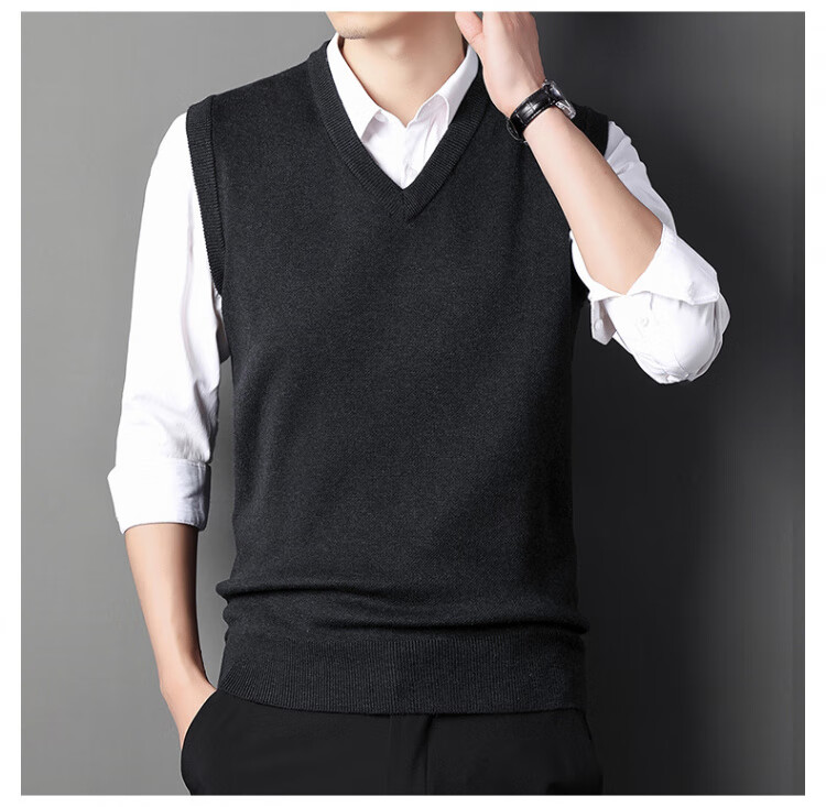 Hengyuanxiang Men's Knitted Vest Sleeveless Sweater Black XL Autumn Winter Thick Warm V-Neck Dad Style 16