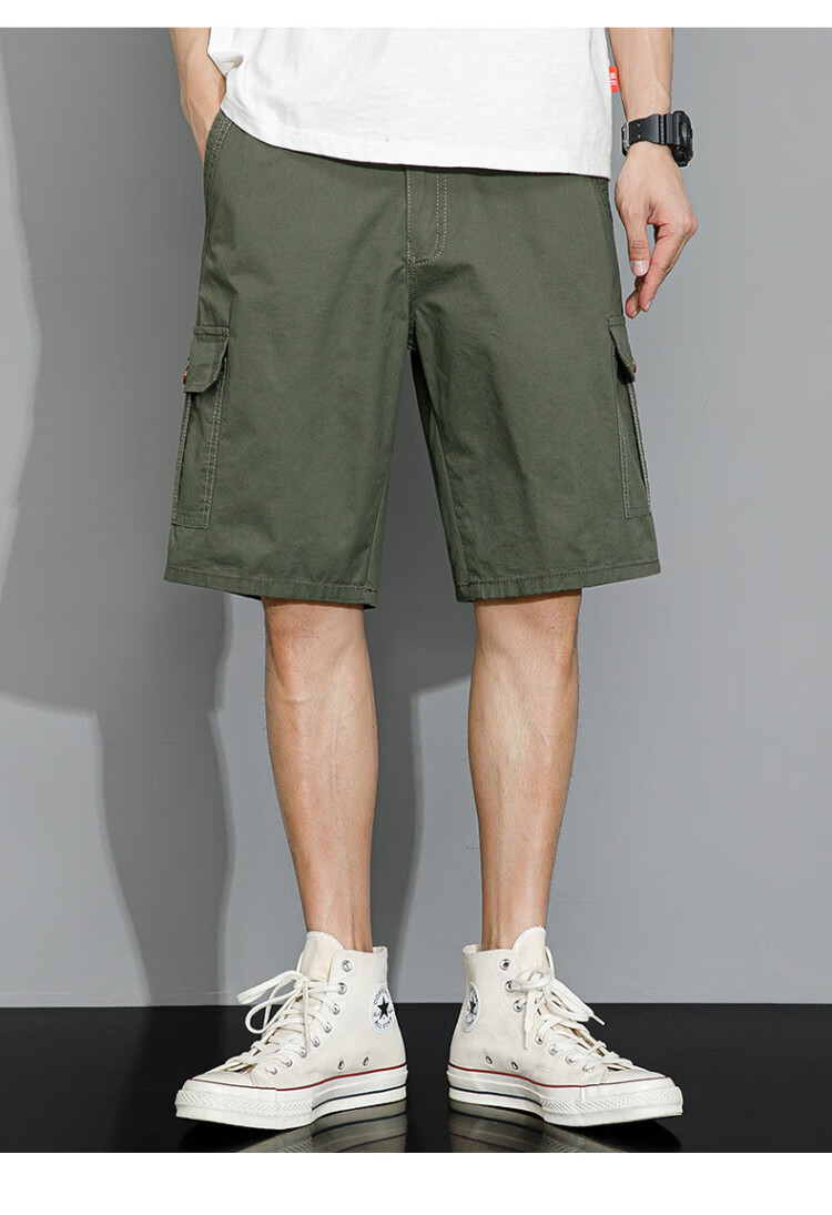 Romon Workwear Casual Cotton Shorts Men Summer Thin Elastic Waist Loose Straight Breathable Five-Point Pants Gray Green XL 3