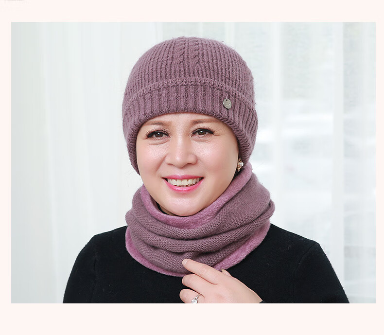 老太太帽子女中老年人冬季保暖针织毛线帽妈妈奶奶老人围脖帽1 卡其色