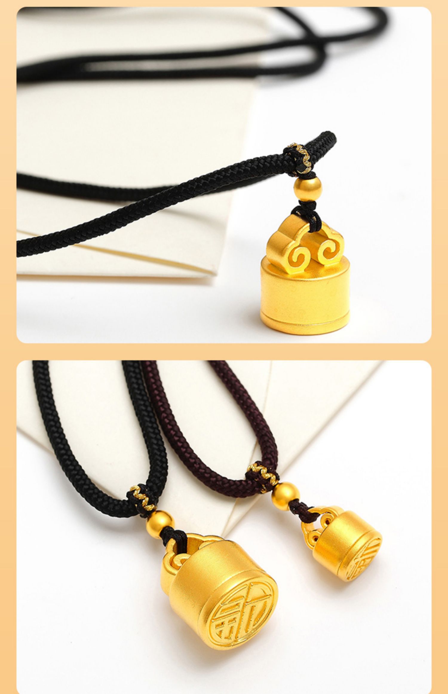 季福缘999足金小印章吊坠黄金项链男女款硬金转运珠小金珠福字挂坠