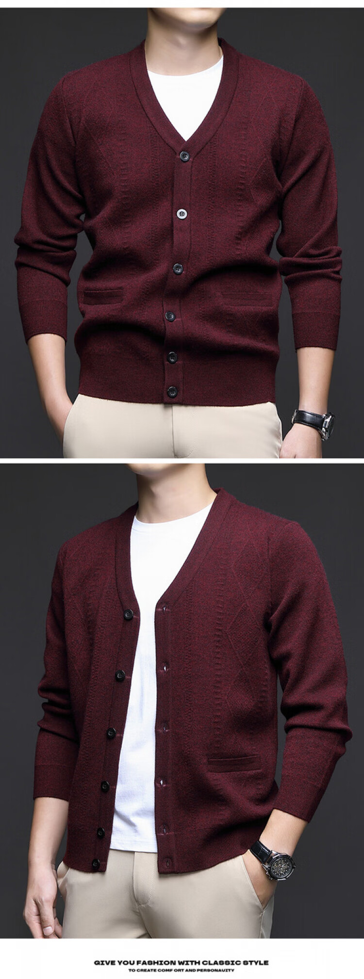 Hengyuanxiang Men's Knitted Cardigan Jacket Autumn Winter Middle-aged Solid Color Long Sleeve V-neck Button Sweater Light Camel L 15