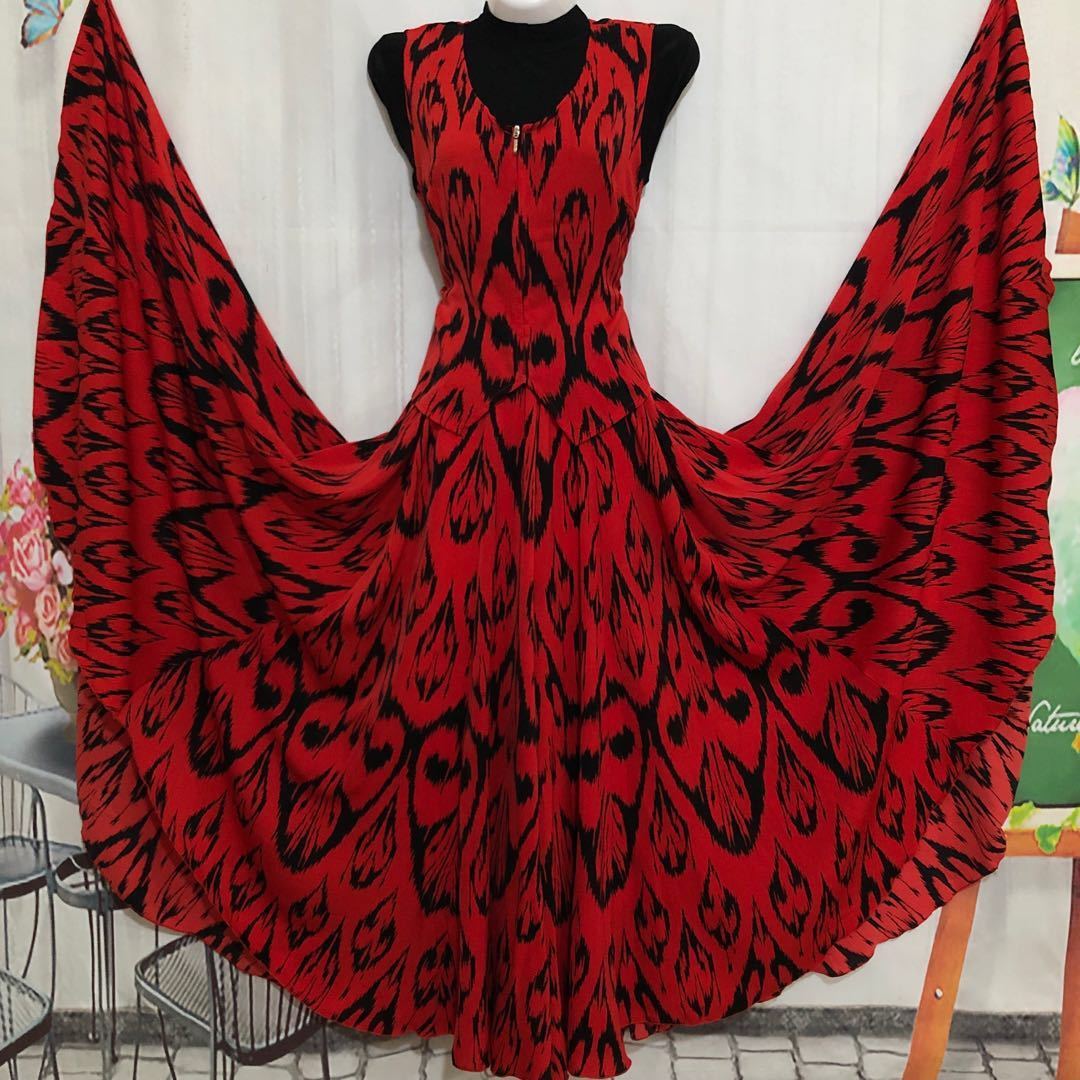 念墅 新疆舞蹈服装女新疆民族特色艾德莱斯720大摆裙 粉红色 裙长90