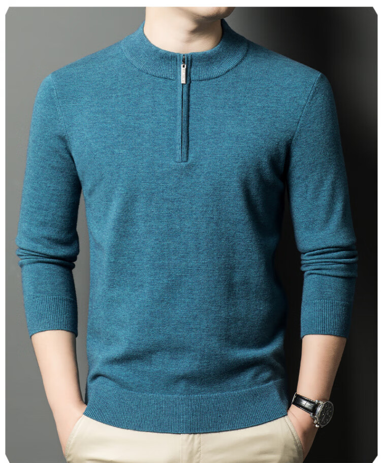 Hengyuanxiang [Wool Included] Middle-aged Thickened Half-high Zipper Collar Sweater Men's Knitted Base Warm Shirt Haqing M 18