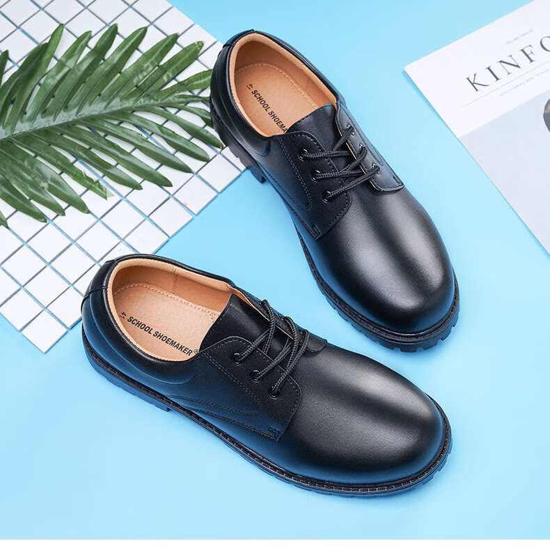 桦彩朵皮鞋男中学生皮鞋男版黑色软底正装商务青少年大童英伦风男孩春