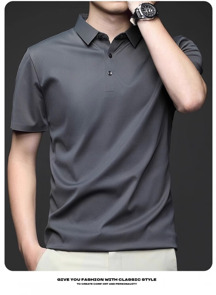 Romon Ice Silk Seamless Short Sleeve T-Shirt Men Summer Thin Business Polo Shirt Black XL 16